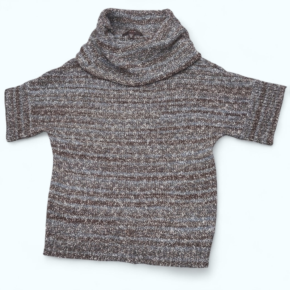 FEVER COZY AQUA AND BROWN MARLED KNIT COWL NECK SHORT SLEEVE SWEATER SIZE M